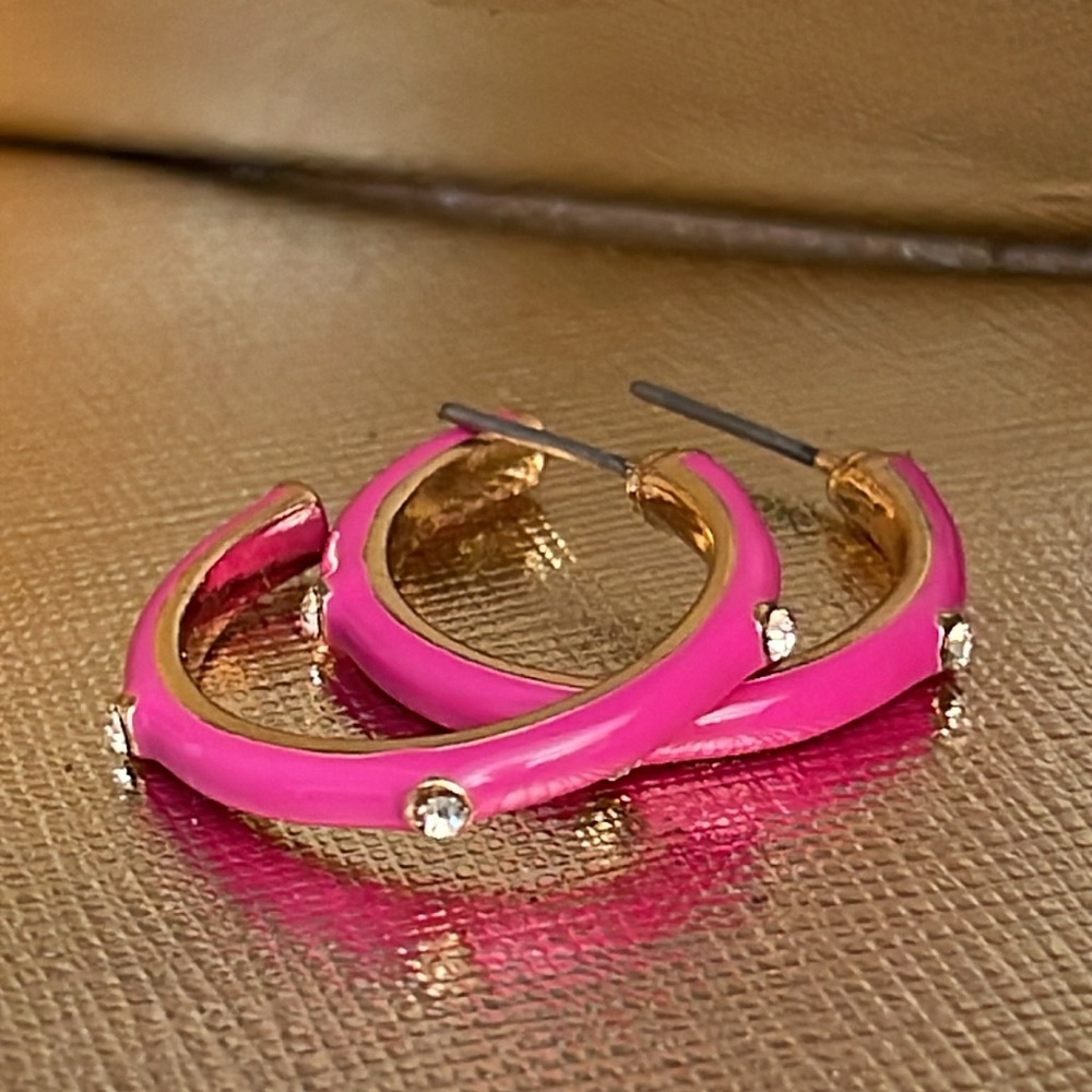 Boutique Style Hot Pink - Fuchsia Enamel Hoops with Rhinestone Accents. - Picture 12 of 16
